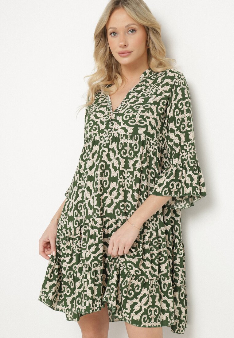 defox Rochie Verde Amplă din Bumbac cu Model Etnic Zalista