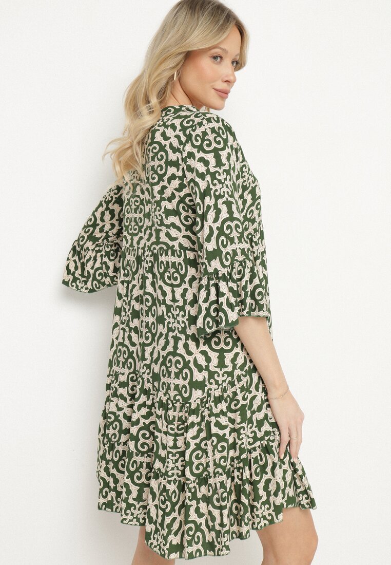 defox Rochie Verde Amplă din Bumbac cu Model Etnic Zalista