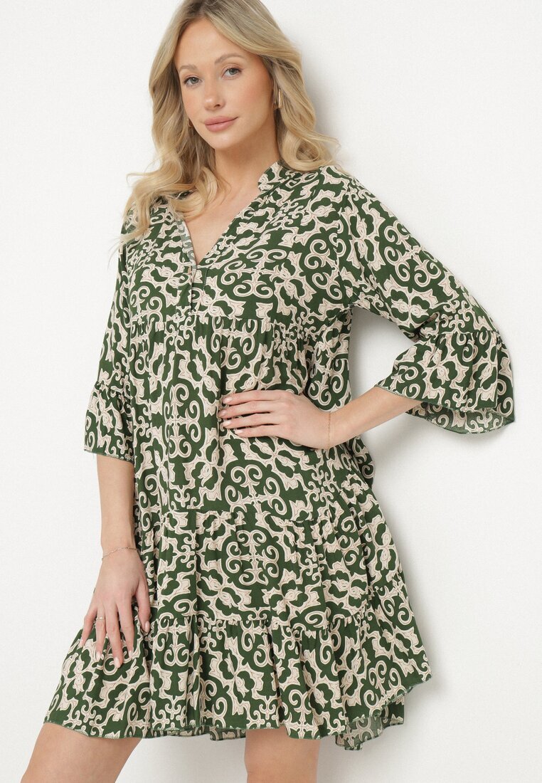 defox Rochie Verde Amplă din Bumbac cu Model Etnic Zalista