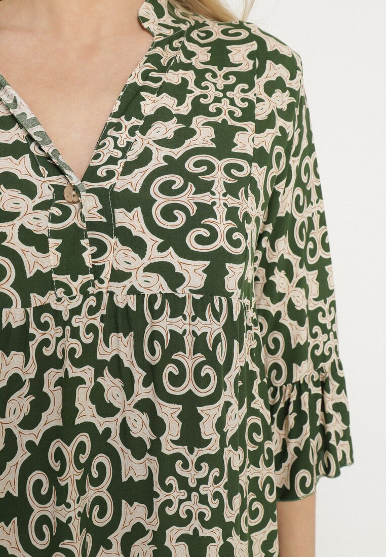 defox Rochie Verde Amplă din Bumbac cu Model Etnic Zalista