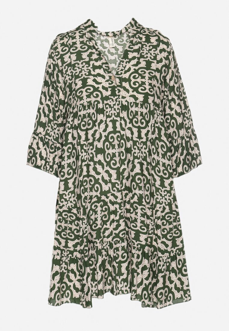defox Rochie Verde Amplă din Bumbac cu Model Etnic Zalista