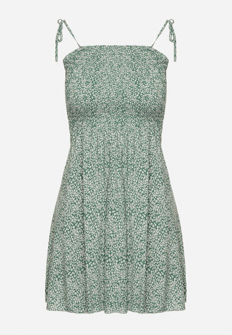defox Rochie verde cambrată din bumbac florală cu bretele cu legătură la spate Neliora