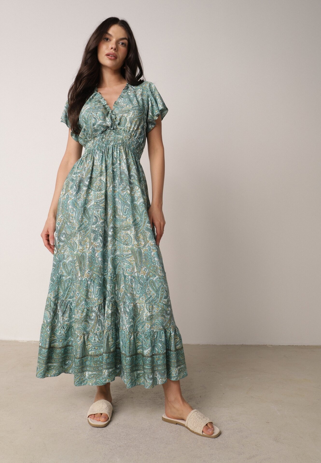 defox Rochie Verde Cloș Petrecută din bumbac cu model Paisley cu elastic în talie Zonne