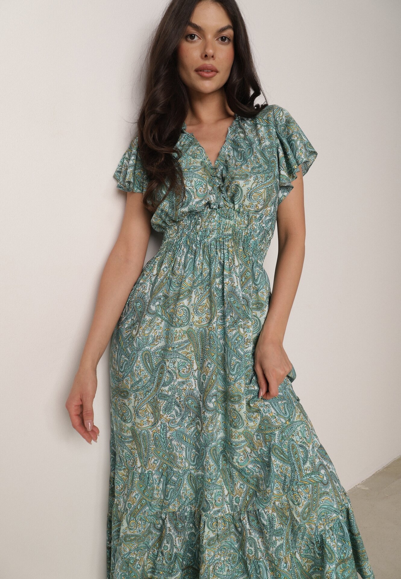 defox Rochie Verde Cloș Petrecută din bumbac cu model Paisley cu elastic în talie Zonne