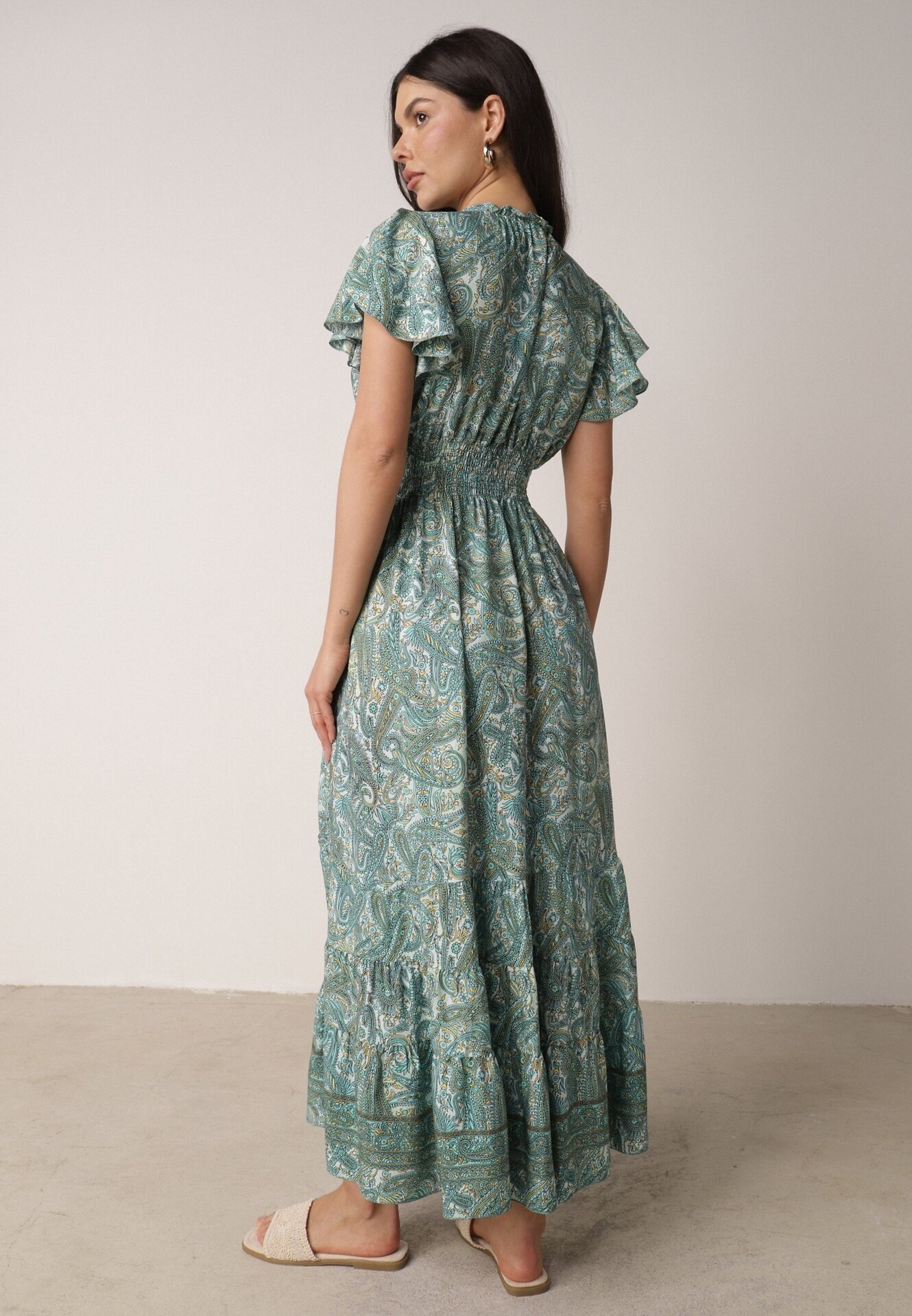 defox Rochie Verde Cloș Petrecută din bumbac cu model Paisley cu elastic în talie Zonne