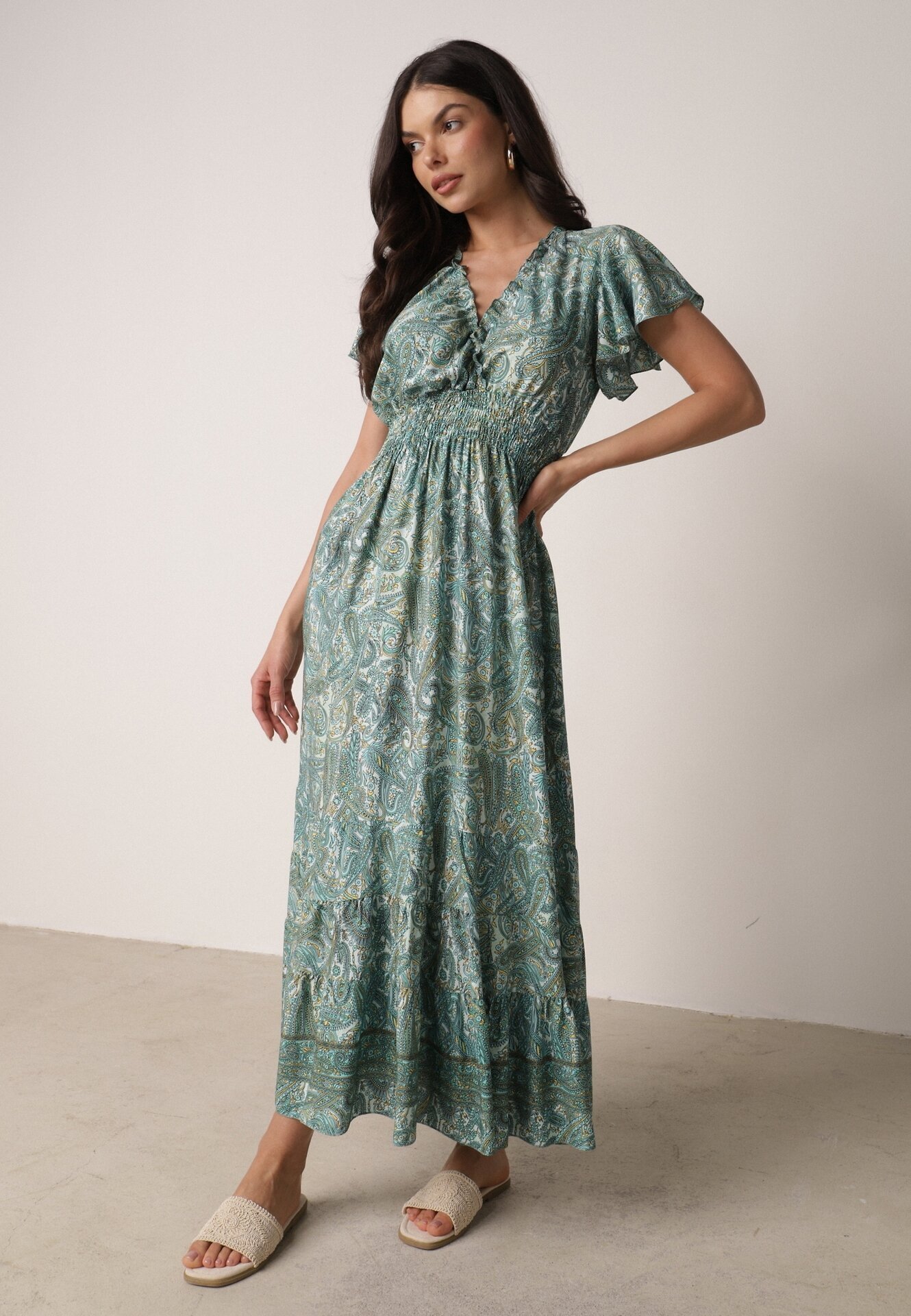 defox Rochie Verde Cloș Petrecută din bumbac cu model Paisley cu elastic în talie Zonne