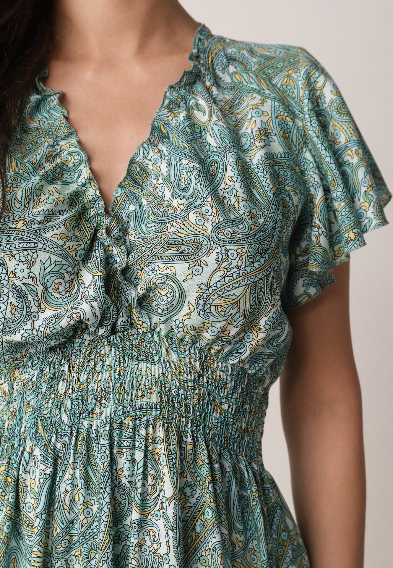 defox Rochie Verde Cloș Petrecută din bumbac cu model Paisley cu elastic în talie Zonne