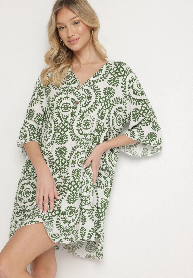 defox Rochie Verde De bumbac Cloș cu nasturi Janisse