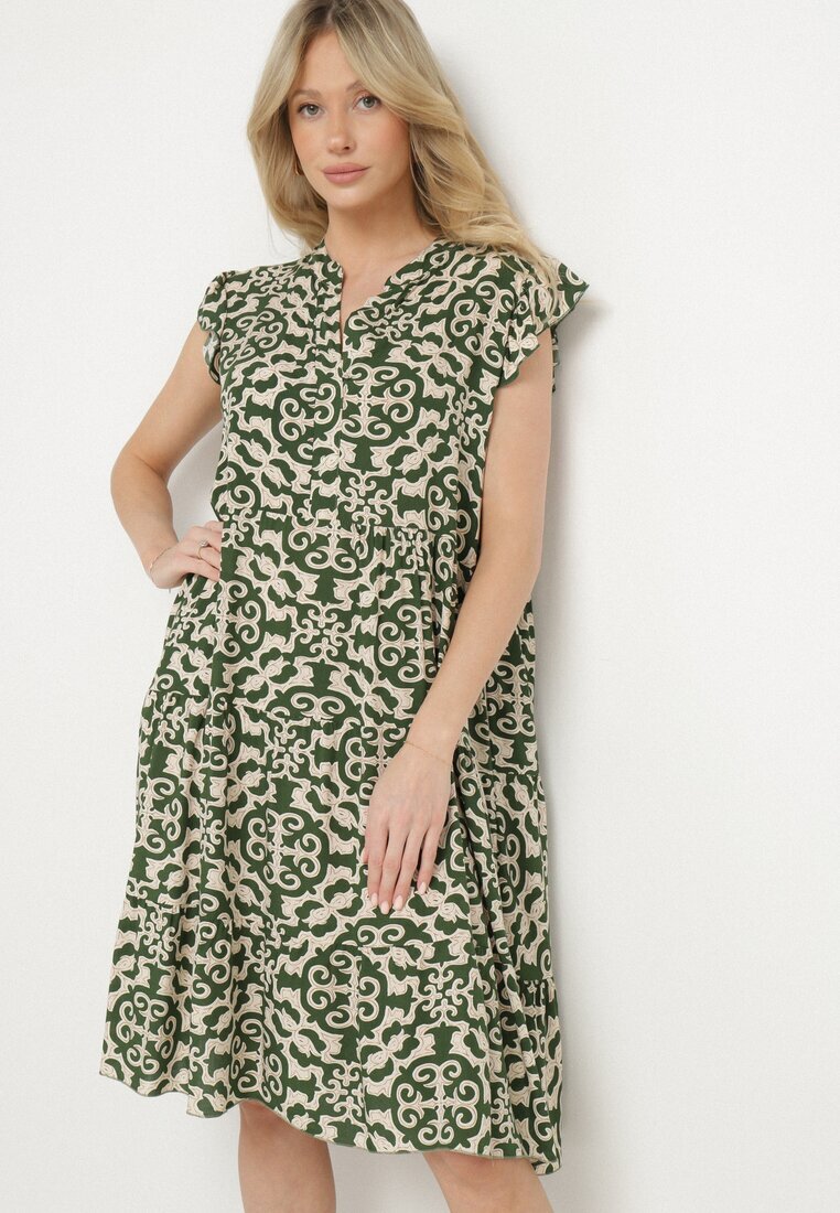 defox Rochie verde de bumbac cu croi evazat cu imprimeu ornamental Zalimea