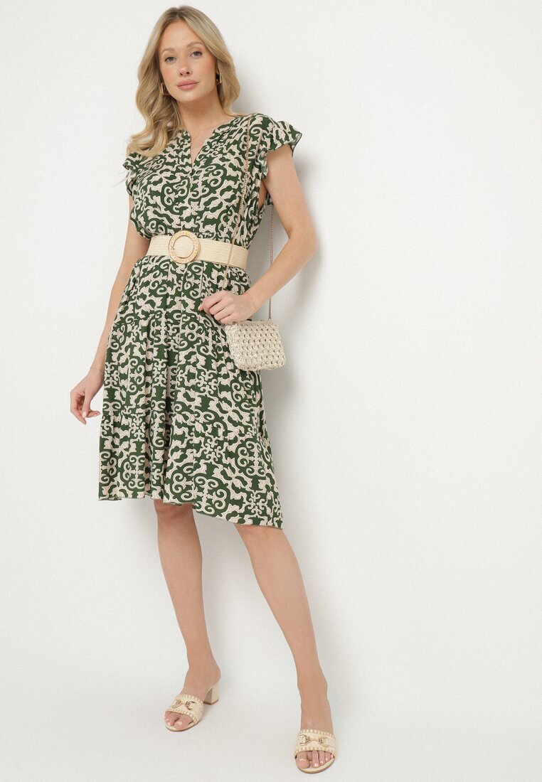 defox Rochie verde de bumbac cu croi evazat cu imprimeu ornamental Zalimea