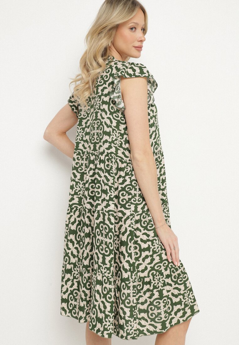 defox Rochie verde de bumbac cu croi evazat cu imprimeu ornamental Zalimea