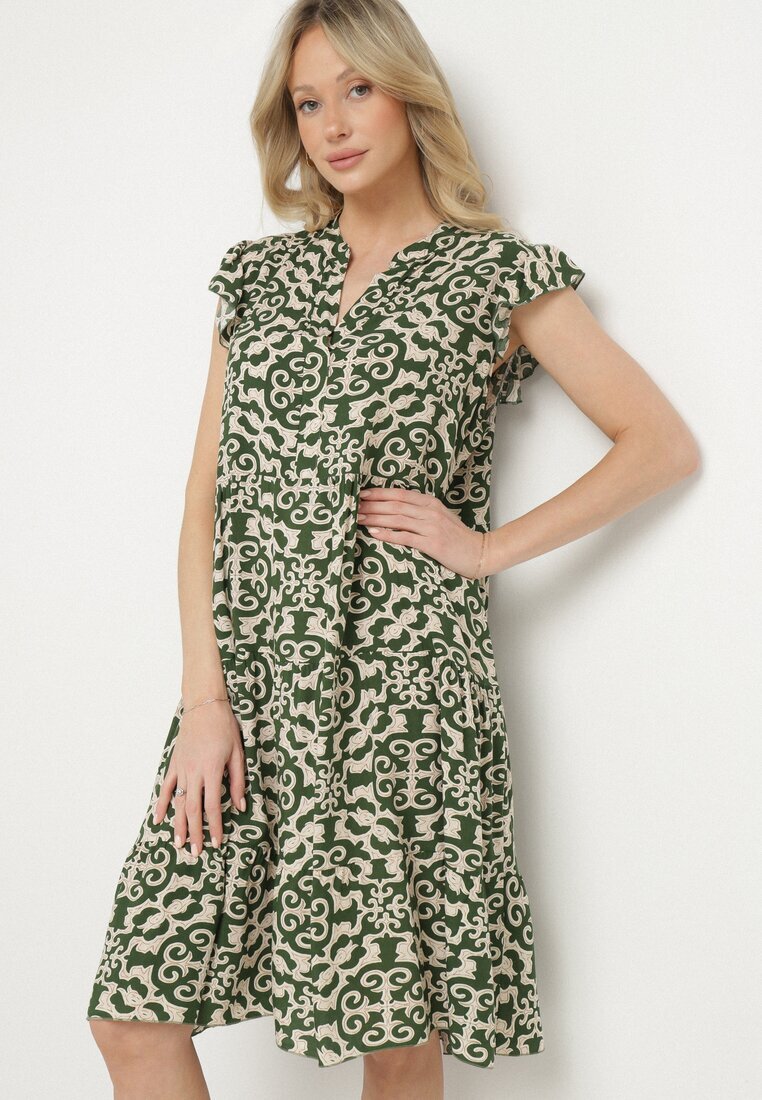 defox Rochie verde de bumbac cu croi evazat cu imprimeu ornamental Zalimea