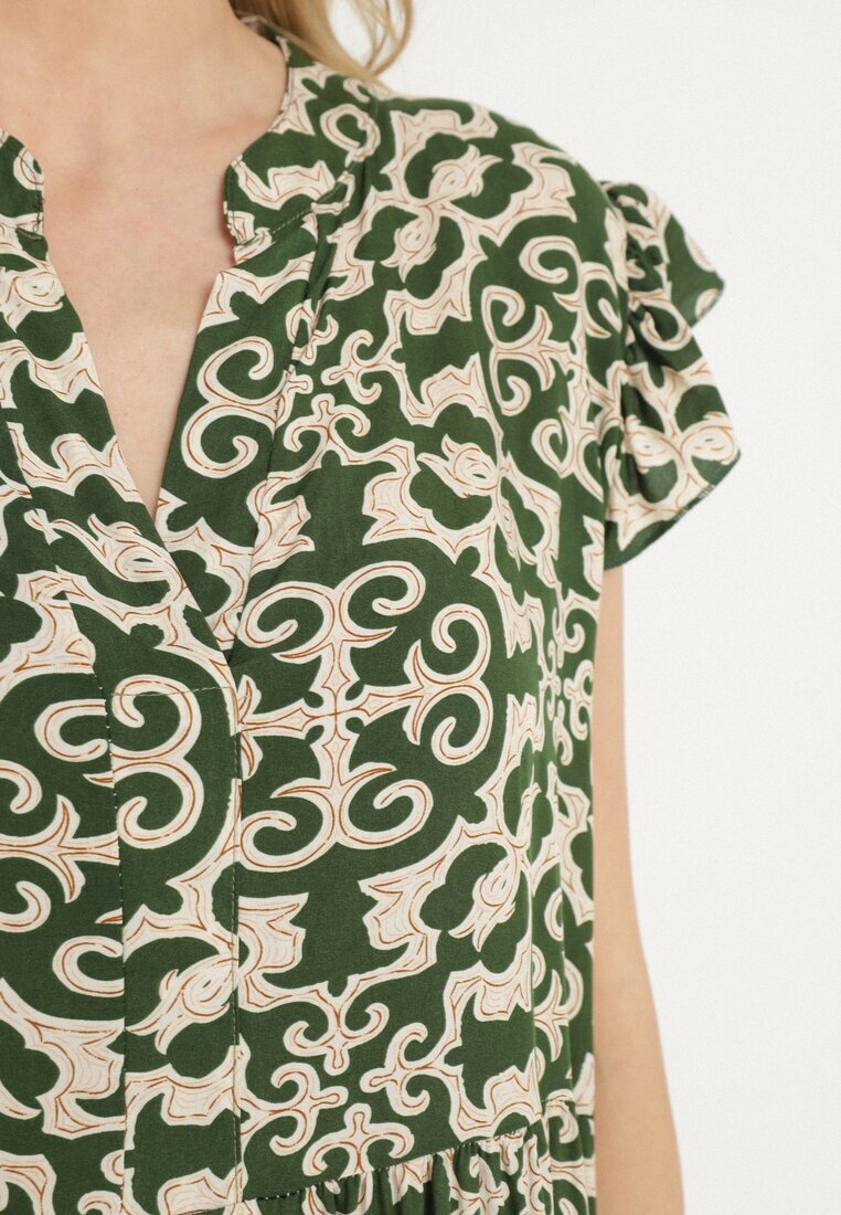 defox Rochie verde de bumbac cu croi evazat cu imprimeu ornamental Zalimea
