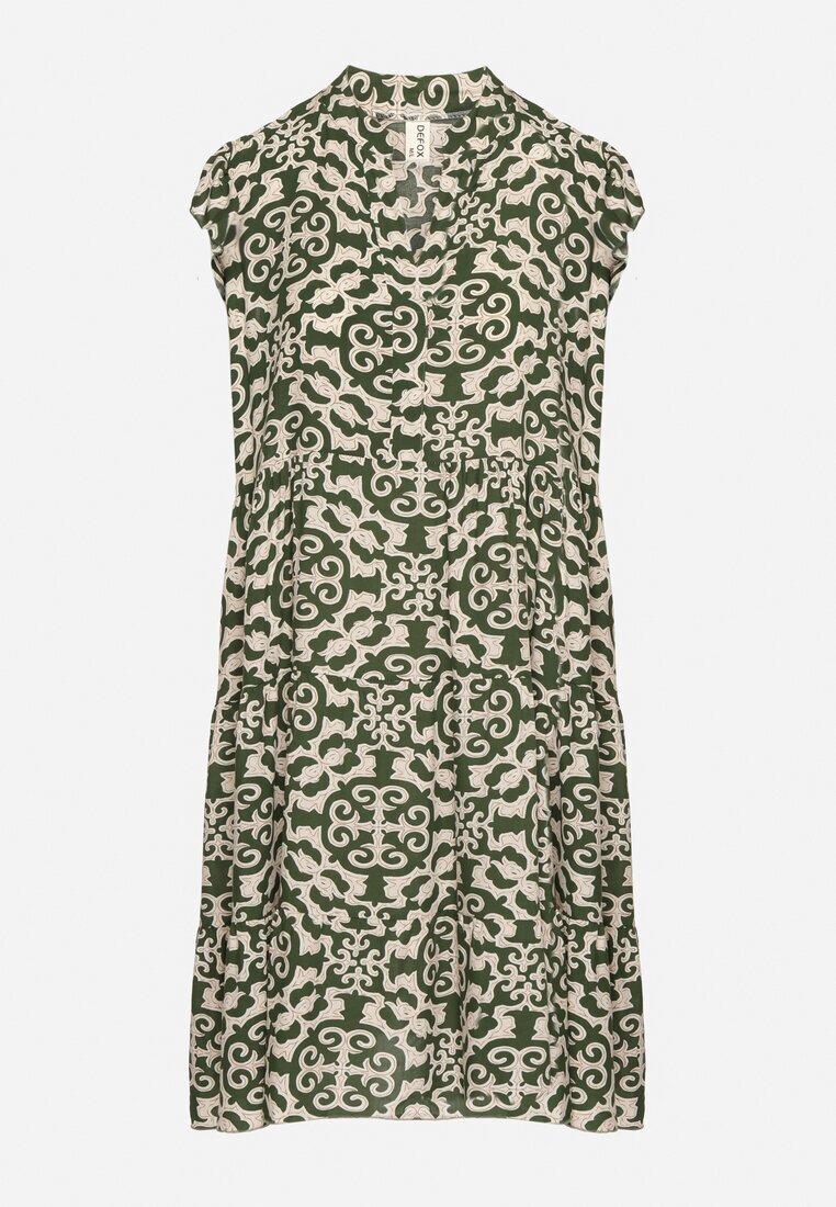 defox Rochie verde de bumbac cu croi evazat cu imprimeu ornamental Zalimea