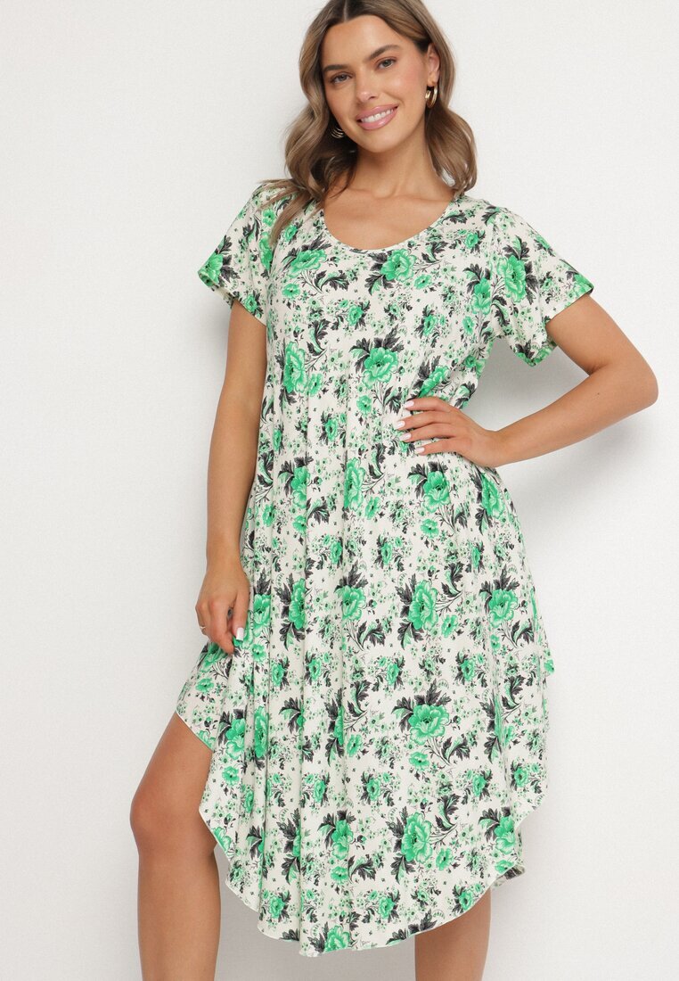 defox Rochie Verde de bumbac cu tiv asimetric cu imprimeu floral Nativienne