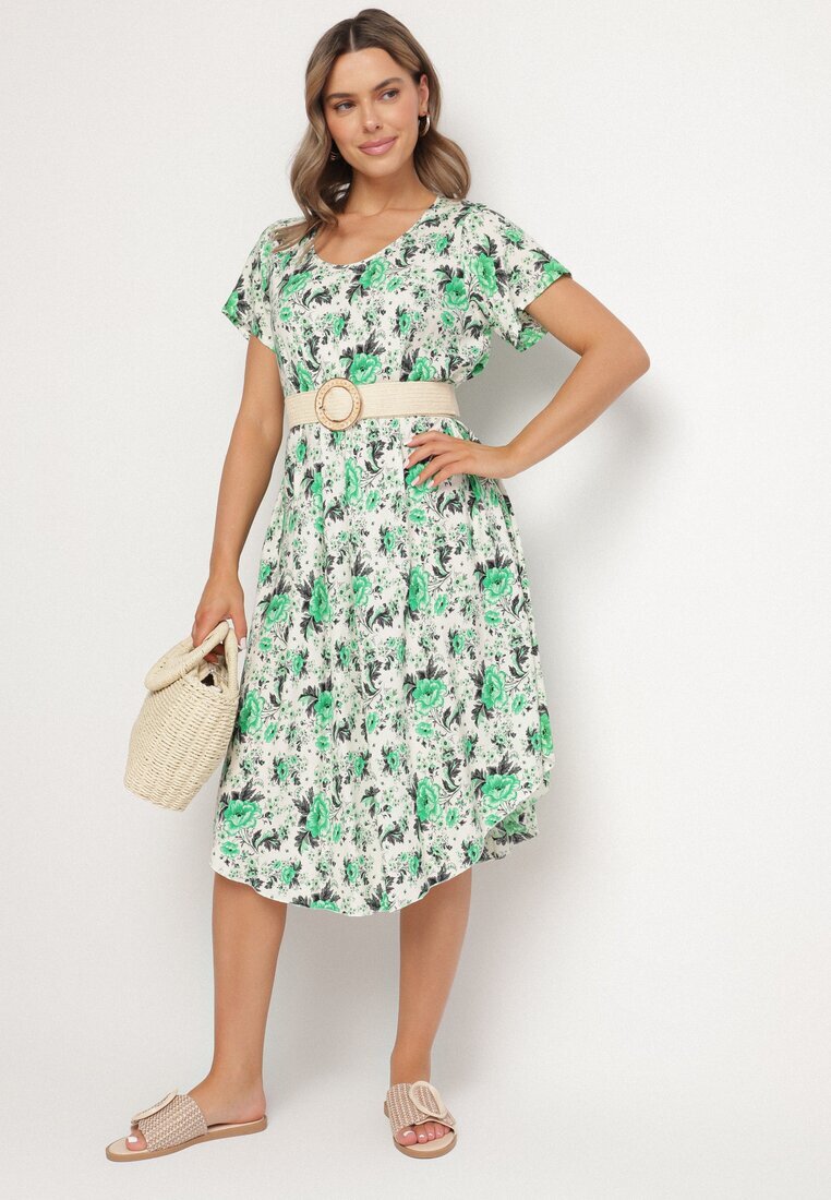 defox Rochie Verde de bumbac cu tiv asimetric cu imprimeu floral Nativienne