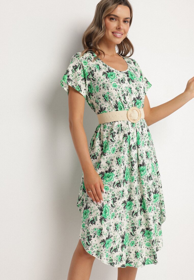 defox Rochie Verde de bumbac cu tiv asimetric cu imprimeu floral Nativienne