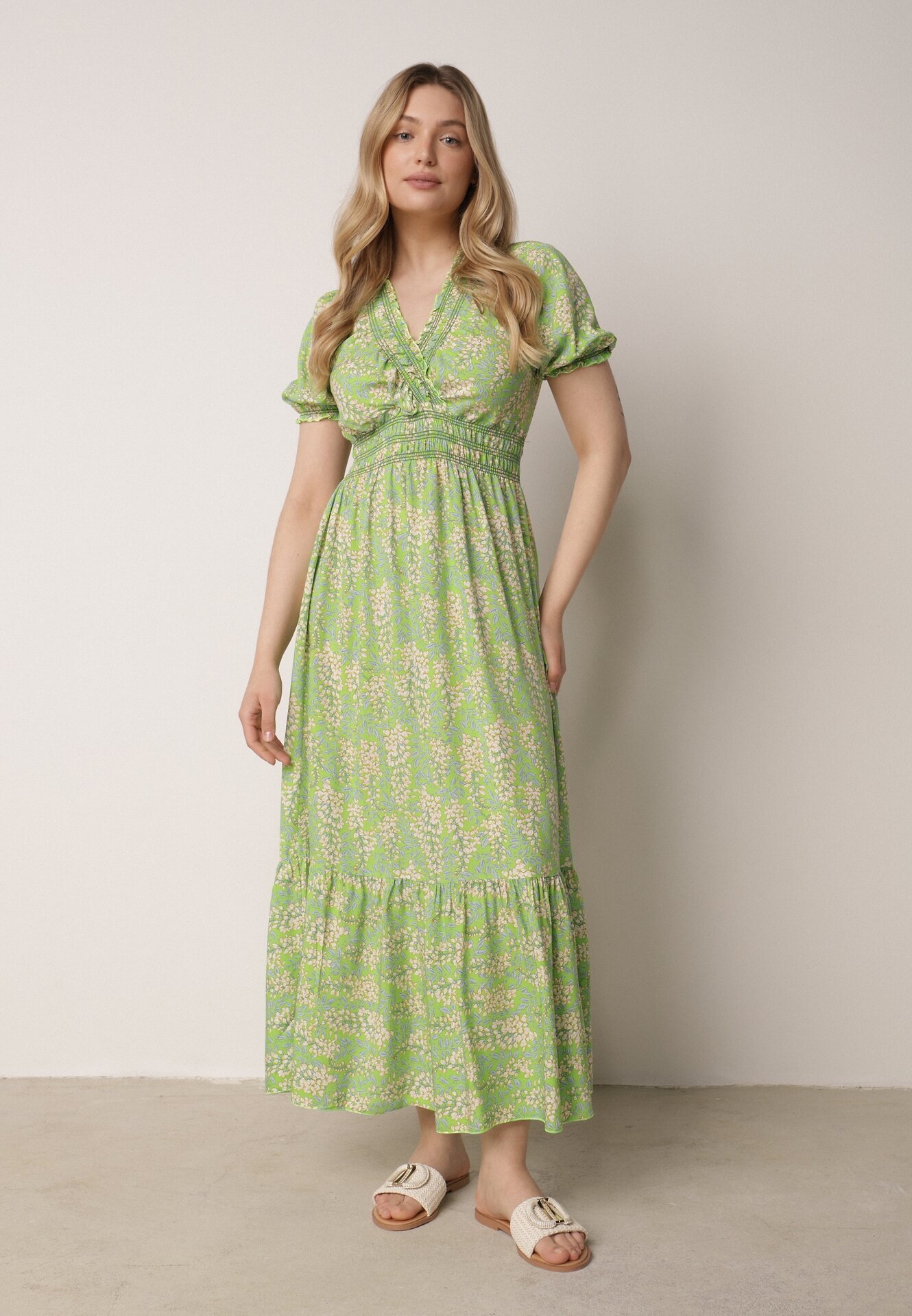 defox Rochie Verde deschis de bumbac cu Mâneci Bufante cu Elastic în Talie și Volan Vimaliana