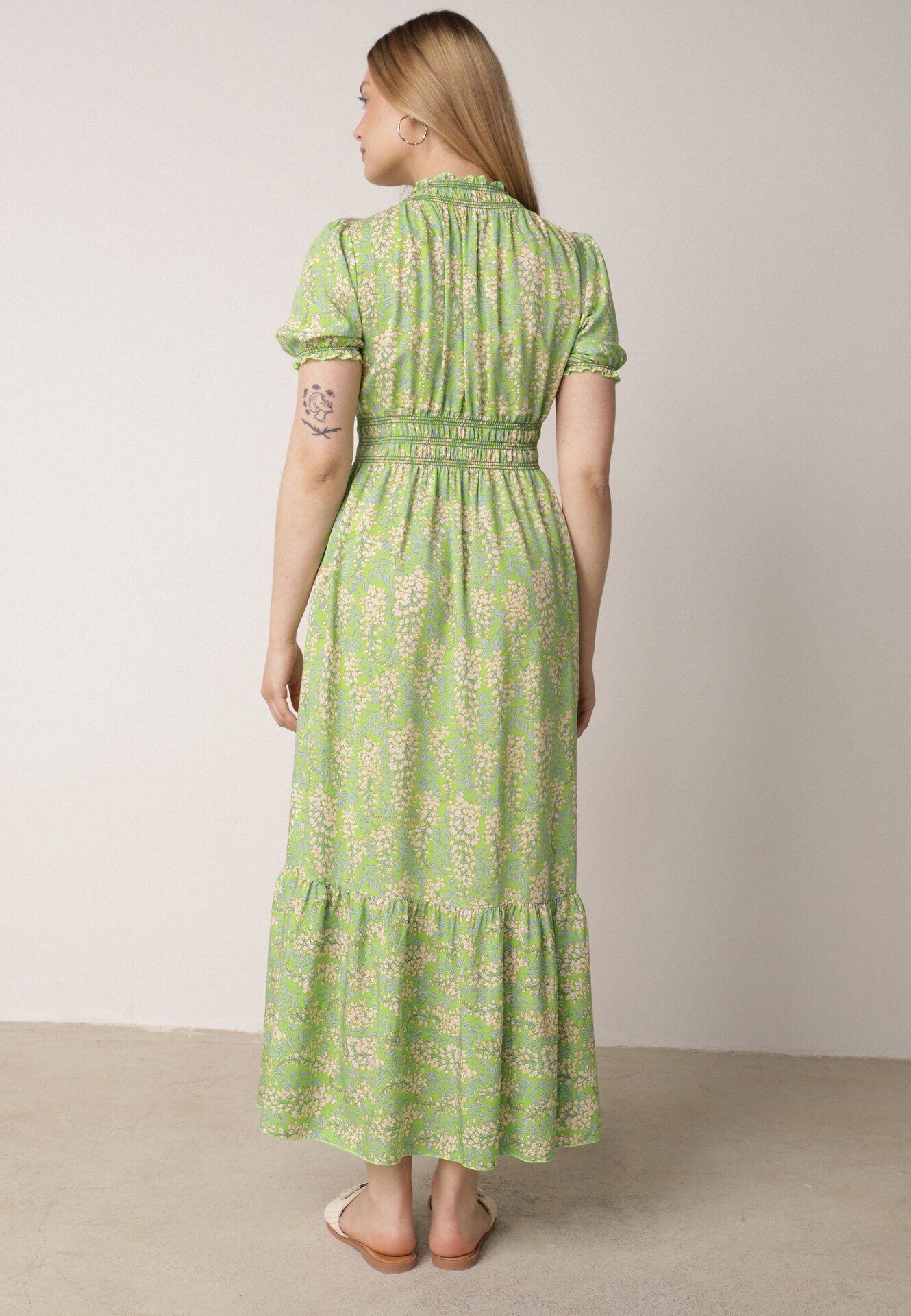 defox Rochie Verde deschis de bumbac cu Mâneci Bufante cu Elastic în Talie și Volan Vimaliana