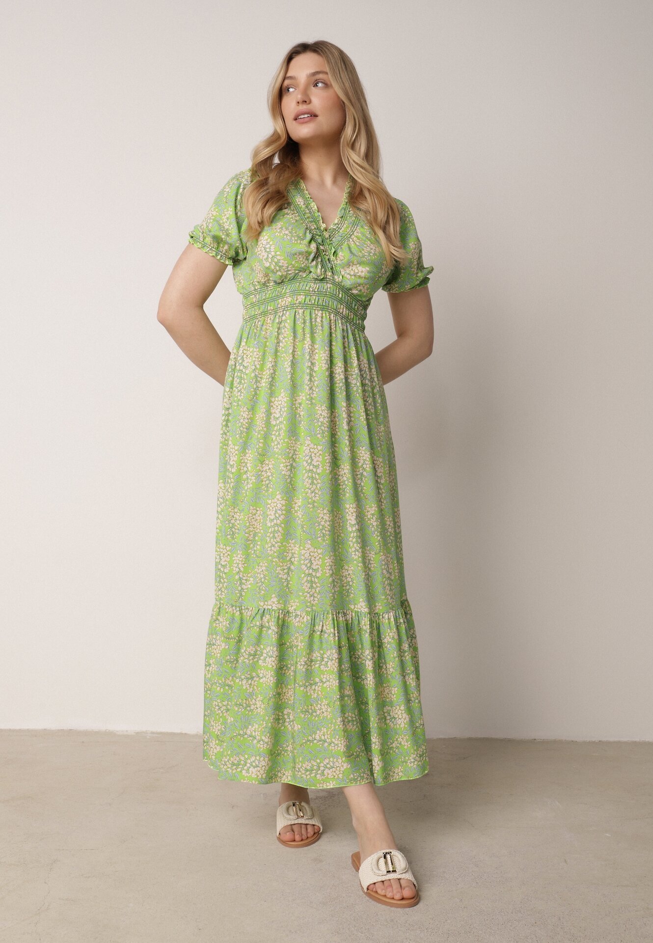 defox Rochie Verde deschis de bumbac cu Mâneci Bufante cu Elastic în Talie și Volan Vimaliana