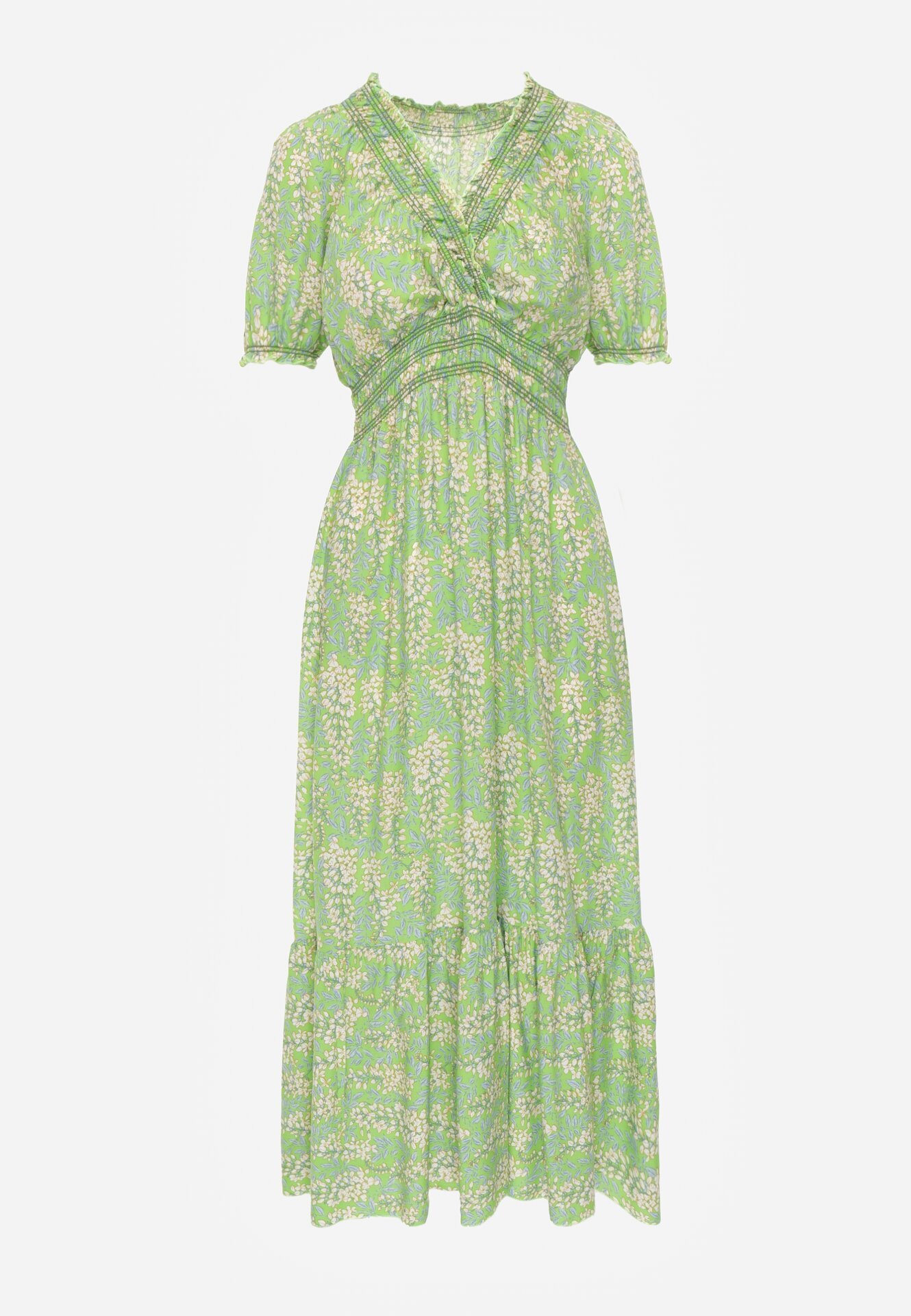 defox Rochie Verde deschis de bumbac cu Mâneci Bufante cu Elastic în Talie și Volan Vimaliana