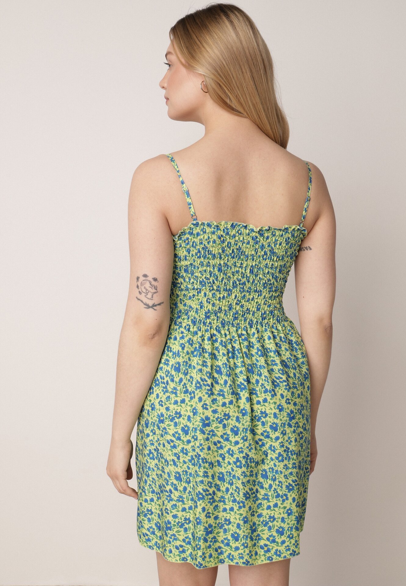 defox Rochie Verde deschis din bumbac cu bretele cu elastic în talie Tessaray