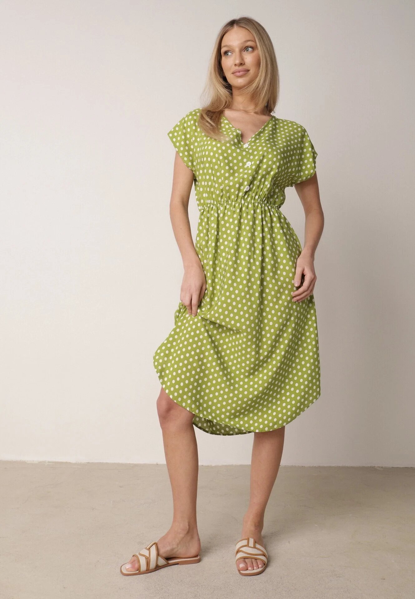 defox Rochie verde deschis din bumbac cu elastic în talie și volan Romilla