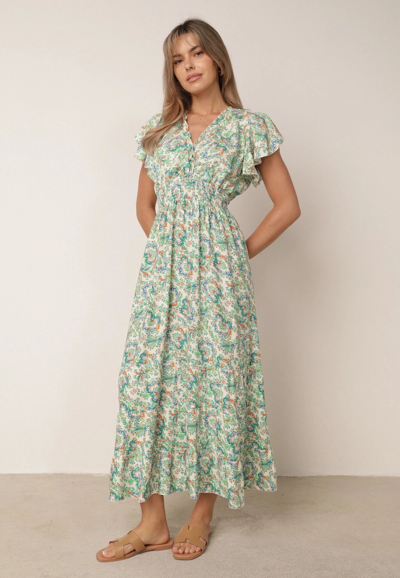 defox Rochie Verde Deschis din Bumbac cu Model Ornamental cu Elastic în Talie și Volane Fioralas