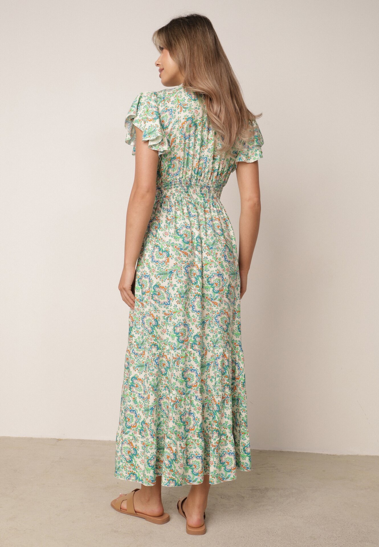 defox Rochie Verde Deschis din Bumbac cu Model Ornamental cu Elastic în Talie și Volane Fioralas