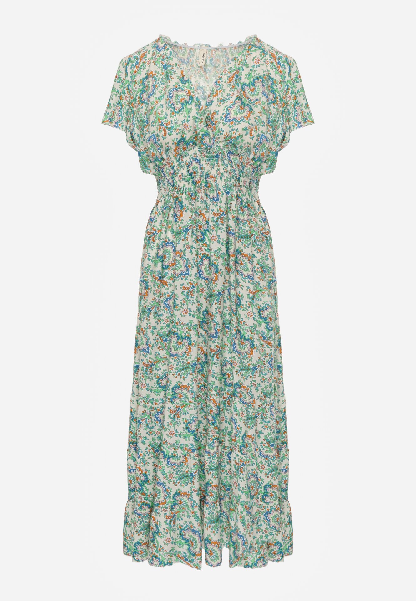 defox Rochie Verde Deschis din Bumbac cu Model Ornamental cu Elastic în Talie și Volane Fioralas
