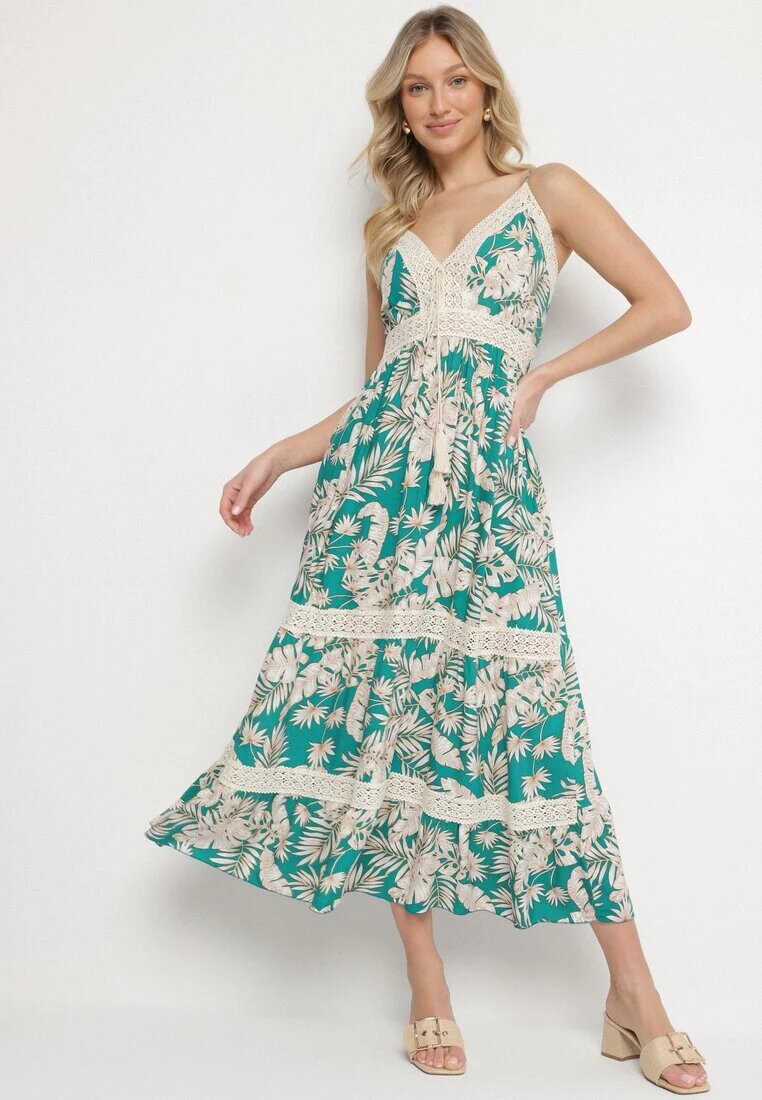 defox Rochie Verde din Bumbac Cloș cu Dantelă cu Imprimeu Tropical Alusela