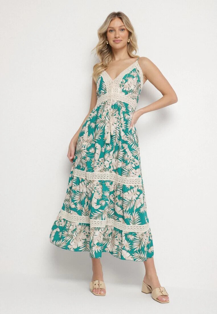 defox Rochie Verde din Bumbac Cloș cu Dantelă cu Imprimeu Tropical Alusela