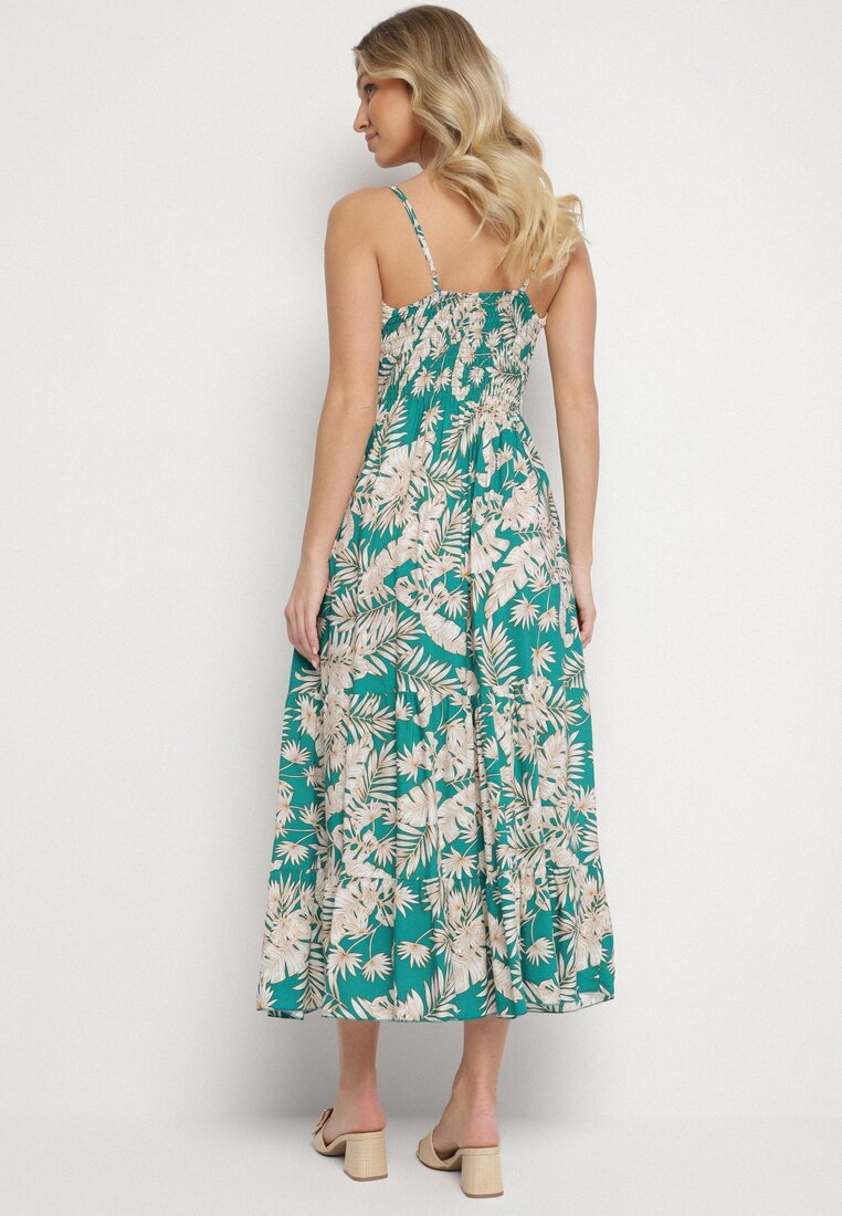defox Rochie Verde din Bumbac Cloș cu Dantelă cu Imprimeu Tropical Alusela