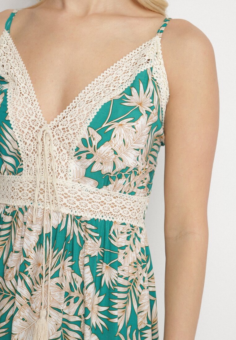 defox Rochie Verde din Bumbac Cloș cu Dantelă cu Imprimeu Tropical Alusela