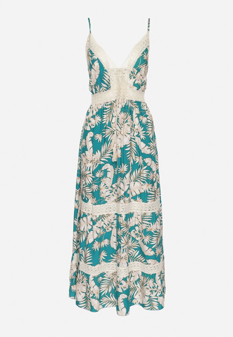 defox Rochie Verde din Bumbac Cloș cu Dantelă cu Imprimeu Tropical Alusela