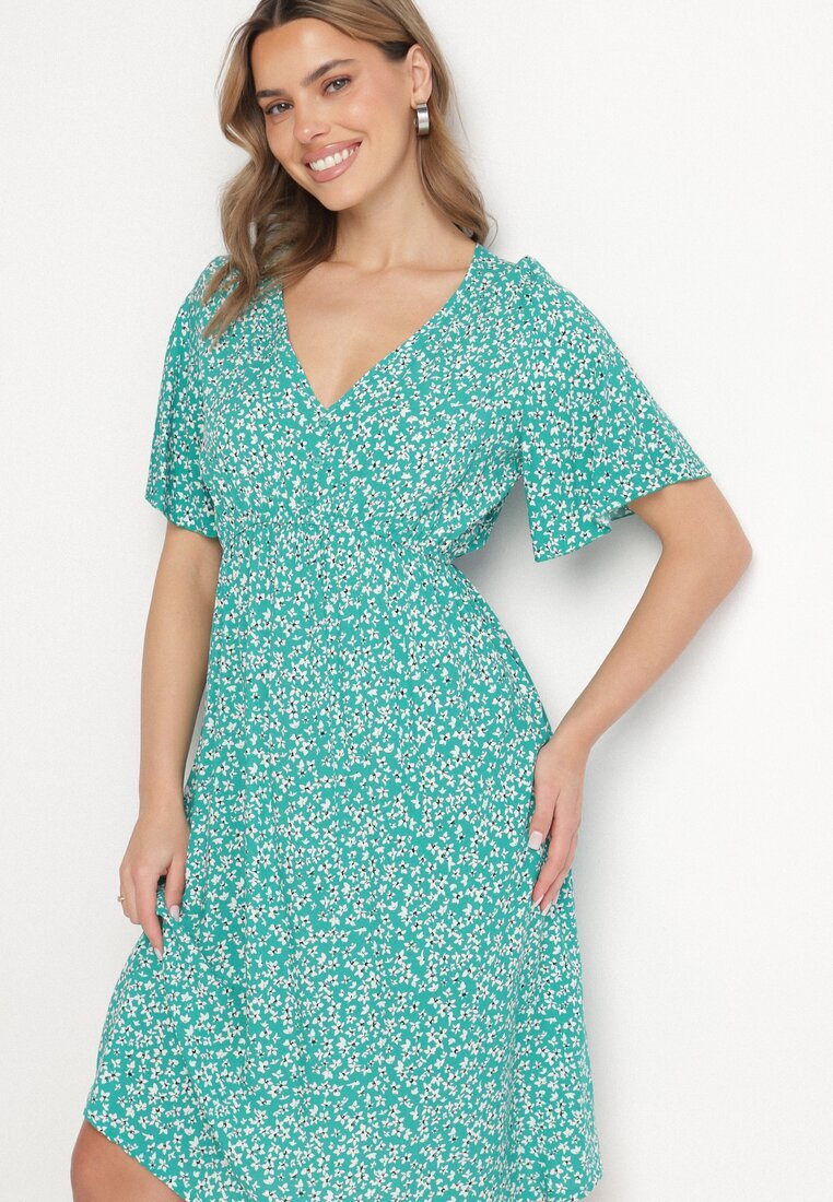 defox Rochie Verde din Bumbac Cloș cu Imprimeu Floral Esirive