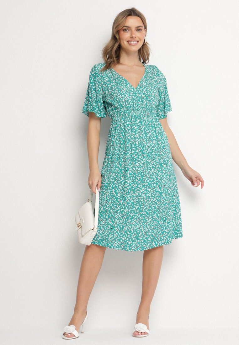 defox Rochie Verde din Bumbac Cloș cu Imprimeu Floral Esirive