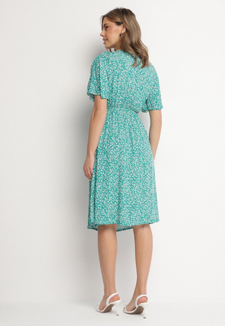 defox Rochie Verde din Bumbac Cloș cu Imprimeu Floral Esirive
