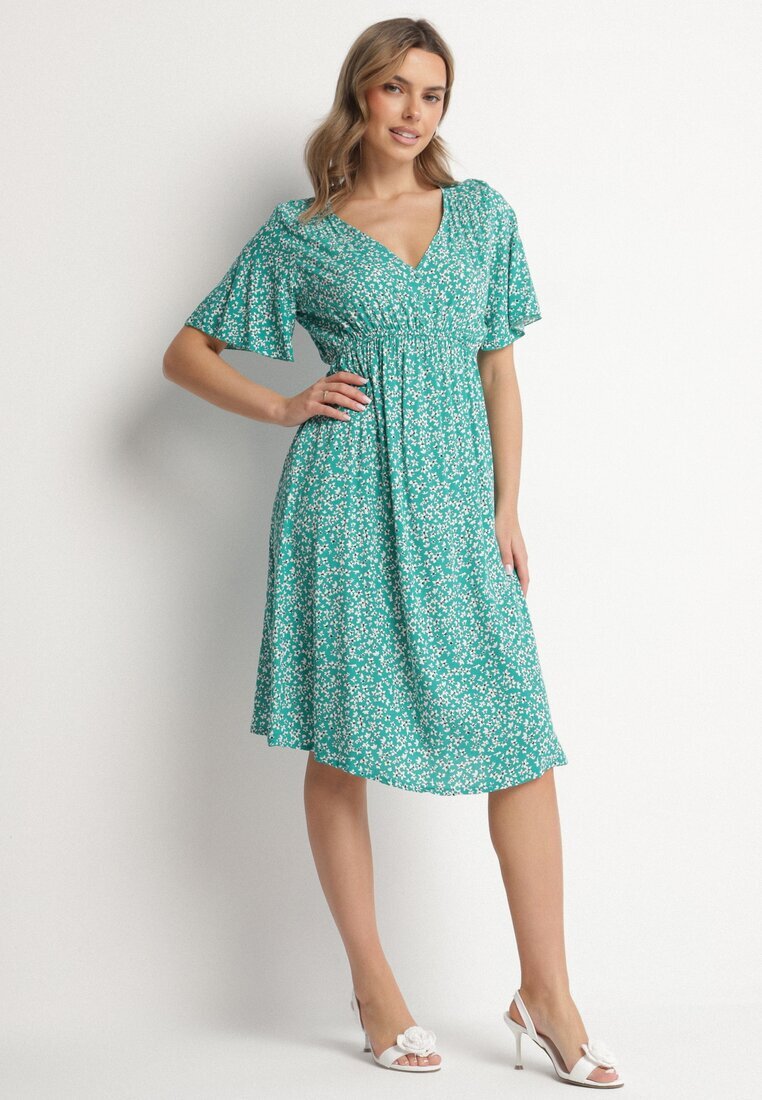 defox Rochie Verde din Bumbac Cloș cu Imprimeu Floral Esirive