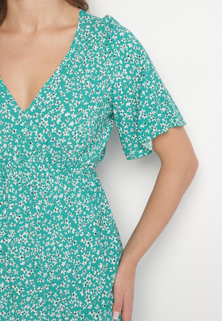 defox Rochie Verde din Bumbac Cloș cu Imprimeu Floral Esirive