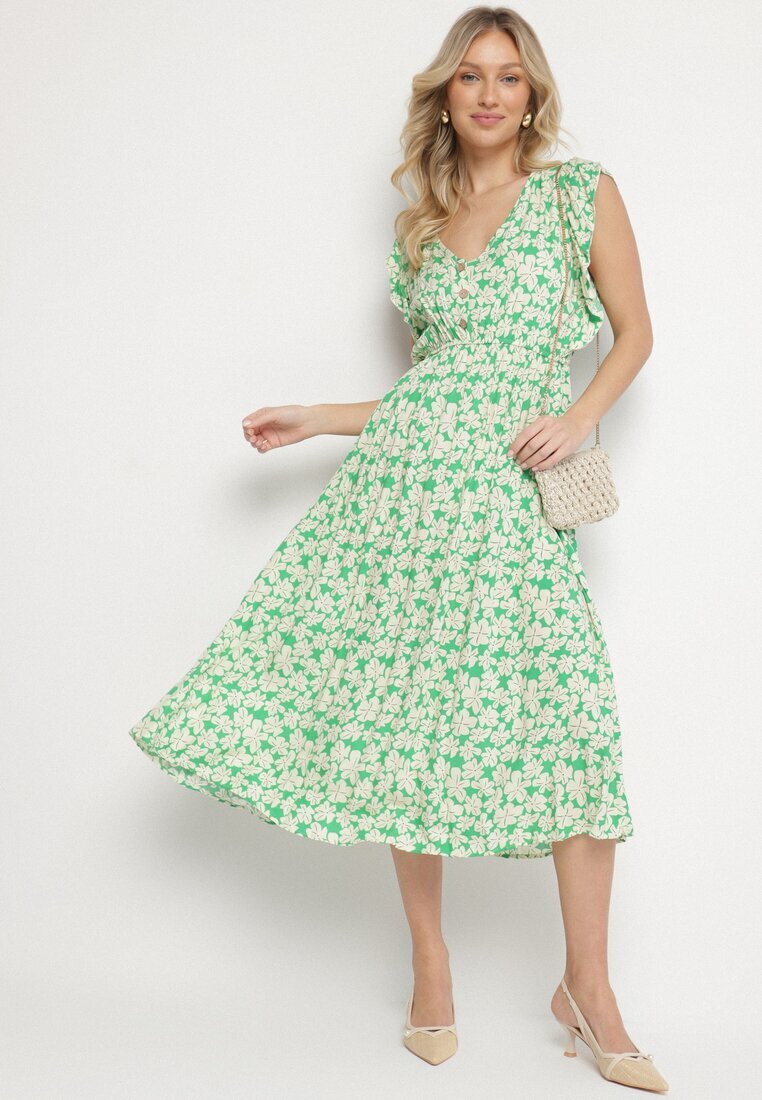 defox Rochie Verde din bumbac cu flori cu croi evazat cu elastic Alanilia
