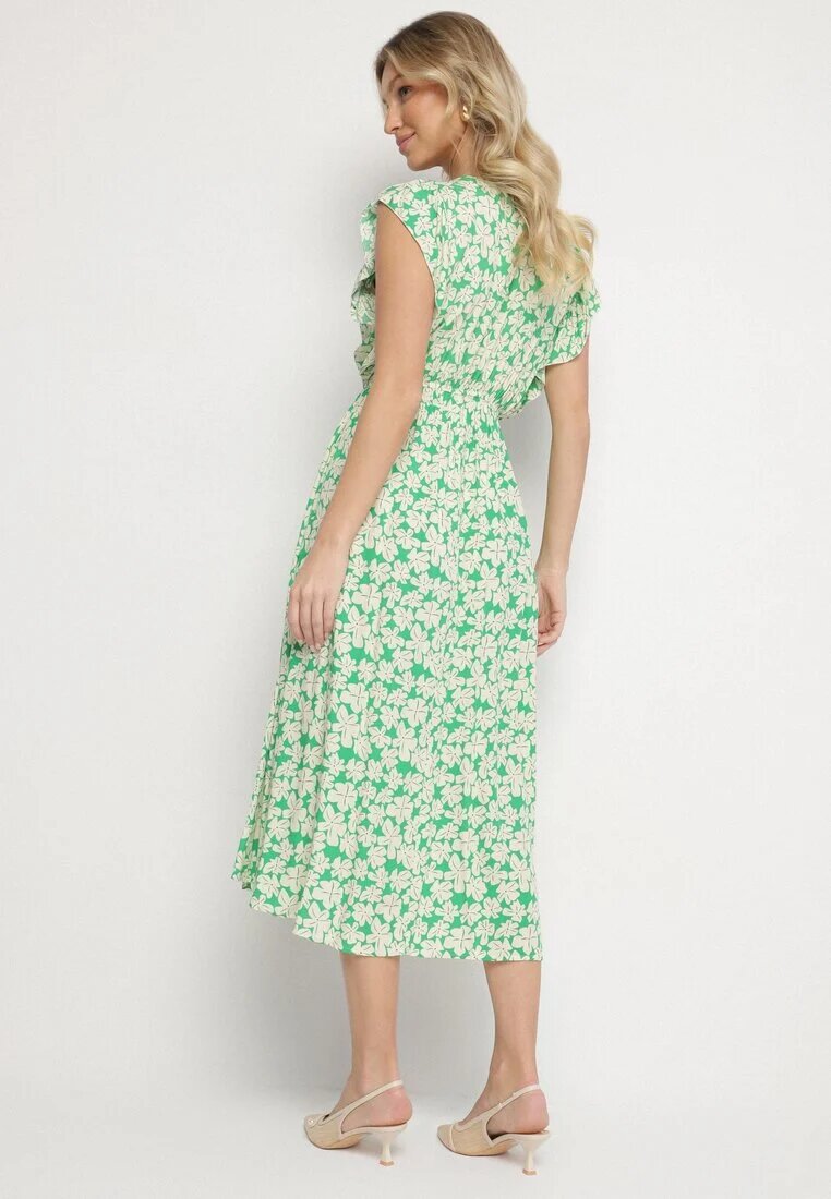defox Rochie Verde din bumbac cu flori cu croi evazat cu elastic Alanilia