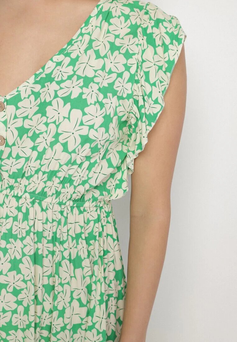 defox Rochie Verde din bumbac cu flori cu croi evazat cu elastic Alanilia