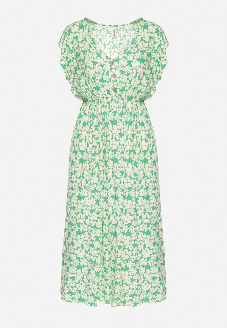 defox Rochie Verde din bumbac cu flori cu croi evazat cu elastic Alanilia