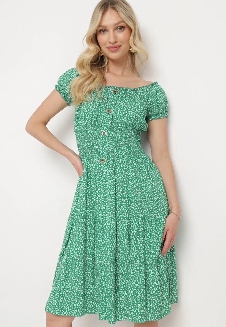 defox Rochie verde din bumbac cu flori mici cu elastic în talie Fielita