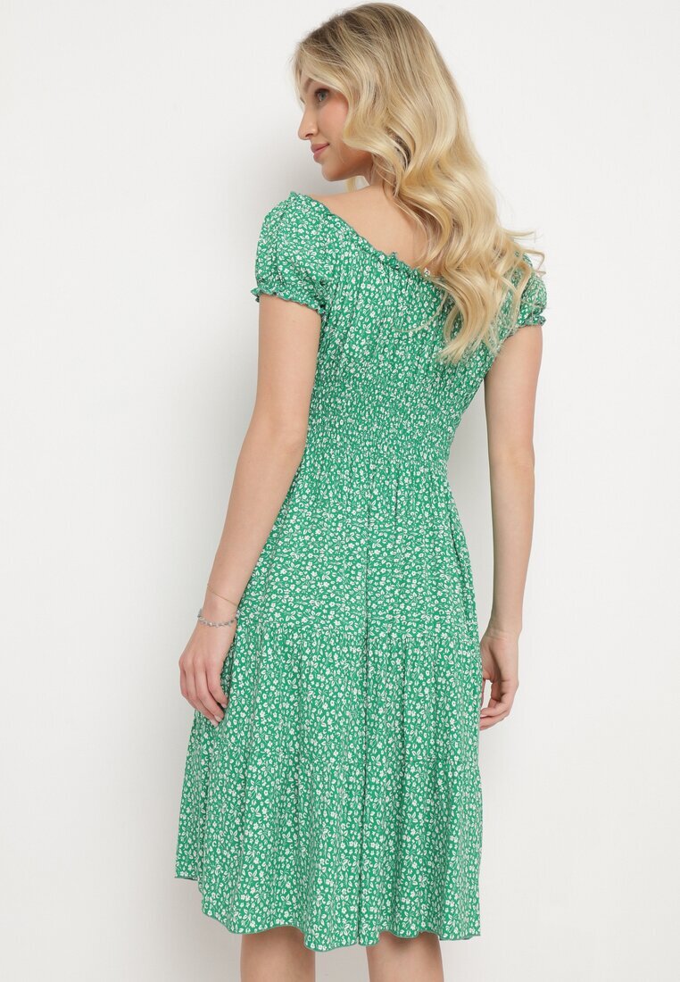 defox Rochie verde din bumbac cu flori mici cu elastic în talie Fielita