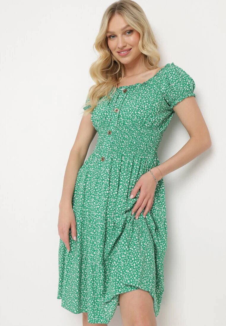 defox Rochie verde din bumbac cu flori mici cu elastic în talie Fielita