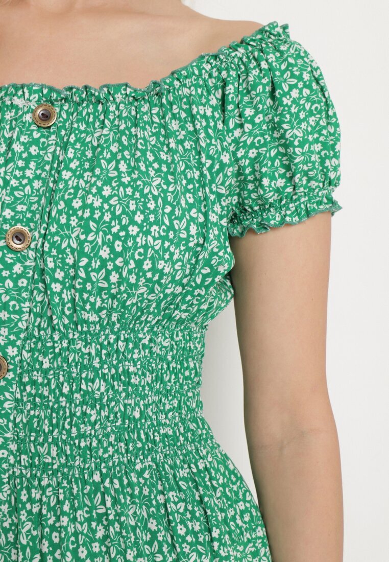 defox Rochie verde din bumbac cu flori mici cu elastic în talie Fielita