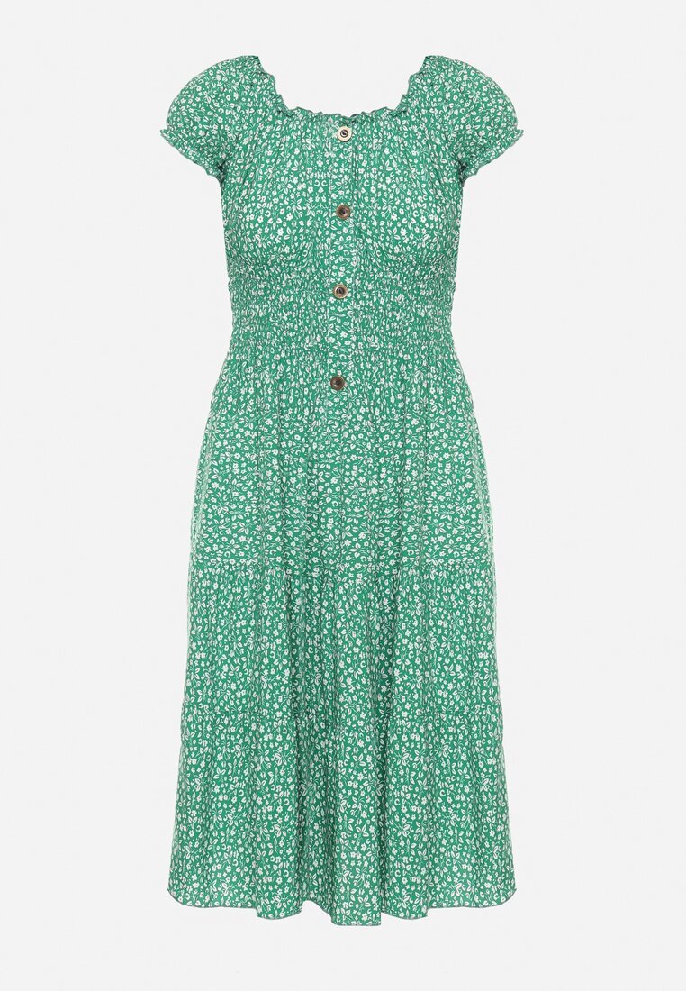 defox Rochie verde din bumbac cu flori mici cu elastic în talie Fielita