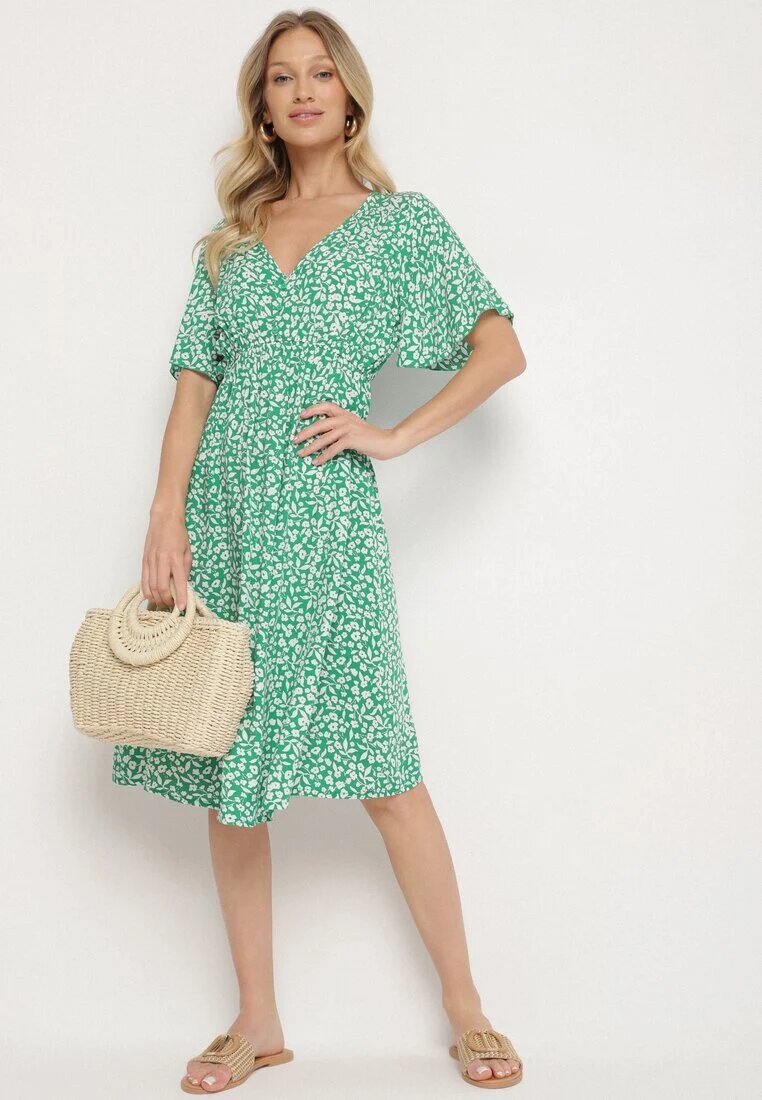 defox Rochie verde din bumbac evazată cu imprimeu floral Aramine